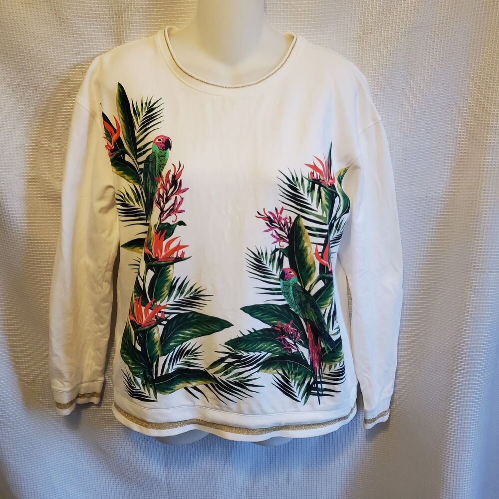 Tommy Bahama Womens Sweatshirt Cotton Size M Gold Trim Tropical floral Resort